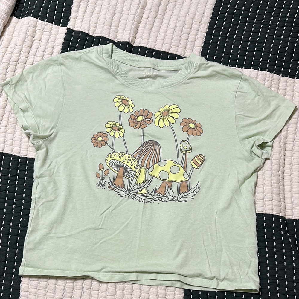 SOLD Graphic Tee with Mushroom and Flower Design